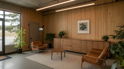 Fototapeta premium Modern minimalist waiting room with wooden walls, leather armchairs, plants, and a sideboard.