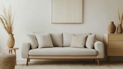 Creative composition of stylish living room interior with copy space, grey sofa, beige commode, clay vases and stylish personal accessories. Pastel neutral colours. Template.