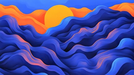 Obraz premium Abstract sunset over wavy hills in blue, orange, and yellow. Ideal for backgrounds, websites, or design projects.