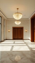 Elegant interior hallway with two crystal chandeliers, marble floor, and wooden doors. Sunlit space.
