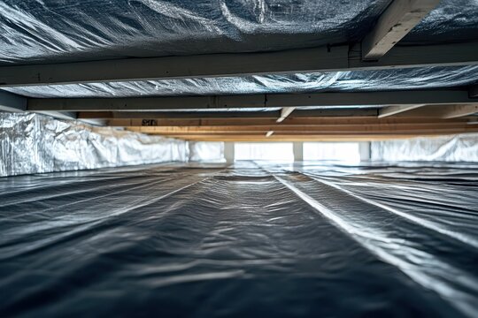 View of a home's crawl space with black vapor barrier and insulation. Perfect for illustrating foundation work, moisture control, and home repair.