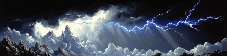 Dramatic Vector Illustration of Majestic Stormy Mountains with Powerful Lightning Strikes and Atmospheric Clouds in Stunning Shades Illuminating Natural Landscape