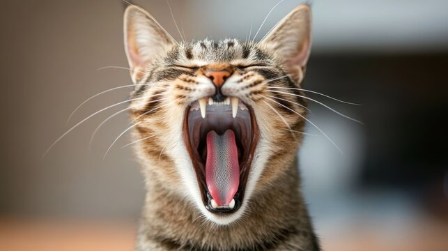Close-up of tabby cat yawning, showing pink tongue and teeth, blurred background.
