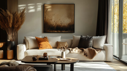 Interior design of stylish living room with modern neutral sofa, mock up poster farmes, dried flowers in vase, coffee tables, decoration and elegant personal accessories in home decor. Template.