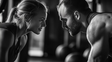Man and woman in gym. Couple of people working together to flex their muscles. Woman is a health wellness expert at a gym. A couple at a fitness lifestyle center.