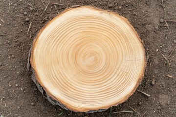 A light brown, cross-section of a tree trunk, resting on dirt, displaying prominent growth rings.