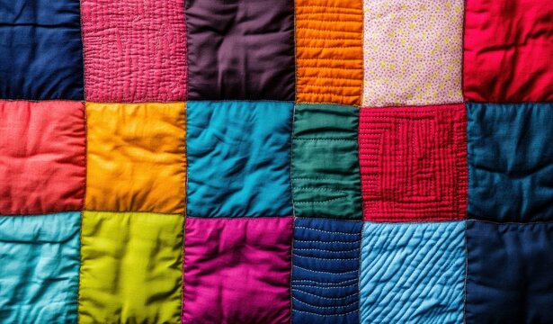 A vibrant patchwork quilt showcases a rich tapestry of colors, textures, and intricate stitched patterns.