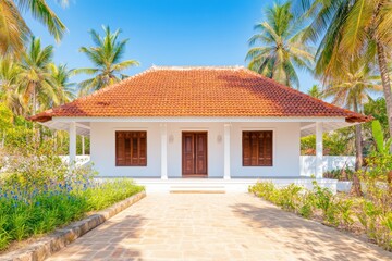 Traditional Kerala tharavadu house featuring intricate wooden doors, clay-tiled roof, and beautiful veranda surrounded by lush greenery