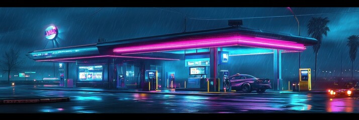 Futuristic gas station illuminated by neon blue and pink lights in a cyberpunk city at night, featuring sleek metallic design and glowing surfaces