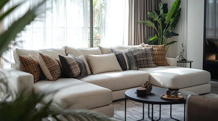 Stylish open space interior with design modular sofa, furniture, coffee tables, plaid, pillows, tropical plants and elegant accessories in elegant home decor. Neutral living room. Template.