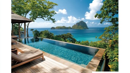 Fototapeta premium Tranquil tropical resort featuring an infinity pool with stunning ocean island vista