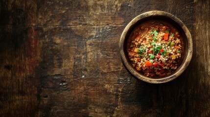 Rustic wooden bowl filled with quinoa, vegetables, and fresh herbs. Use this image to promote healthy food, recipes, or organic produce.