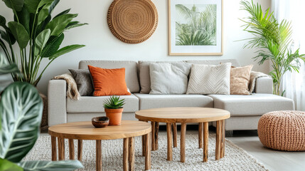 Modern interior of open space with design modular sofa, furniture, wooden coffee tables, plaid, pillows, tropical plants and elegant personal accessories in stylish home decor. Neutral living room.