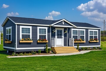 Modern mobile home with gray walls, white trim, black roof, porch, and green yard under blue sky