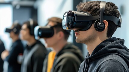 Group of individuals wearing immersive virtual reality headsets in use