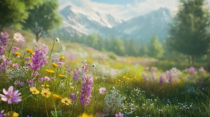 Daisies in the meadow wallpaper. A mountain landscape with a rocky landscape of alps. Blooming meadows in springtime. Wallpaper featuring daisies lifestyle in the meadow.