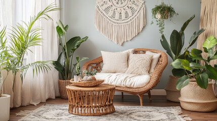Modern boho interior design of sitting room with design rattan armchair,coffee table, beige macrame, tropical plants and elegant accessories. Stylish home decor.  Template. Copy space. Home staging.