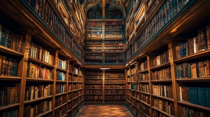 Obraz premium Antique library: high shelves filled with books.
