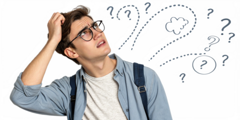 Young man wearing glasses scratching his head trying to find solution with question marks above the head PNG