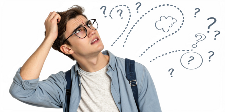 Young man wearing glasses scratching his head trying to find solution with question marks above the head PNG