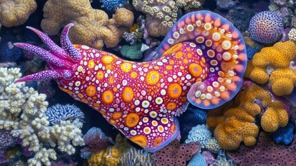 Fototapeta premium Vibrant sea slug crawls amongst colorful coral in a bright underwater scene. Use this for educational materials, ocean conservation, or reef ecosystem designs.