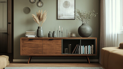 Interior design of warm and cozy living room interior with copy space, brown sideboard, gray vase with branch, books, casket, stylish sculpture and personal accessories. Home decor. Template.