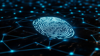 A glowing fingerprint scan on a futuristic digital interface with neon lighting