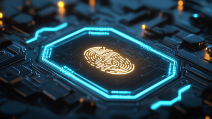 A glowing fingerprint scan on a futuristic digital interface with neon lighting