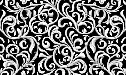 Elegant white vintage scroll pattern on black background, perfect for creating decorative backgrounds.