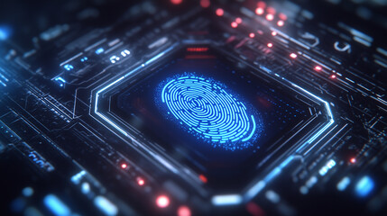 A glowing fingerprint scan on a futuristic digital interface with neon lighting