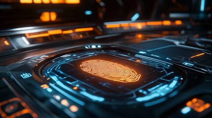 A glowing fingerprint scan on a futuristic digital interface with neon lighting