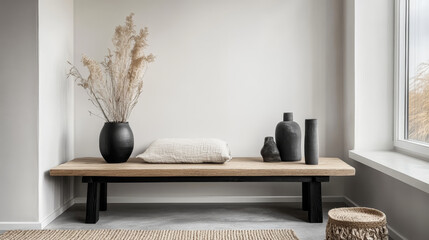 Scandinavian composition with wooden bench, black coffee table, sculpture, decoration, dried flowers in white vase and personal accessories. Stylish and minimalist home decor. Template.