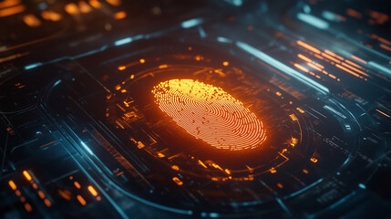 A glowing fingerprint scan on a futuristic digital interface with neon lighting