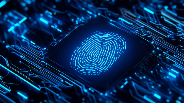 A glowing fingerprint scan on a futuristic digital interface with neon lighting