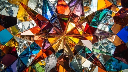 Colorful glass shards form starburst pattern