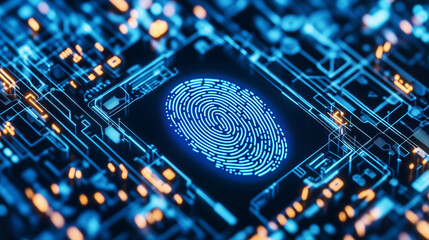 A glowing fingerprint scan on a futuristic digital interface with neon lighting