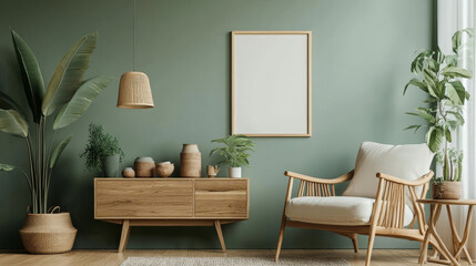 Stylish living room interior design with mock up poster frame, frotte armchair, wooden commode, side table, plants and creative home accessories. Sage green wall. Home staging. Template. Copy space.