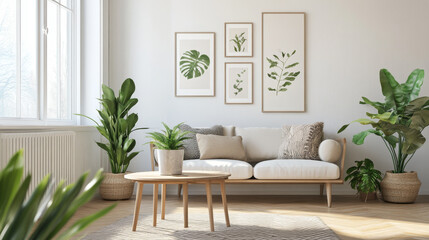 Stylish scandinavian interior of living room with small design table and sofa. White walls, plants on the windowsill. Brown wooden parquet.