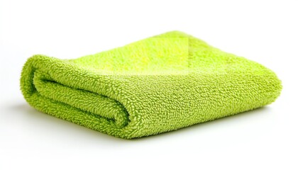 Folded Bright Green Microfiber Cloth on White Background