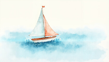 Fototapeta premium Cute watercolor illustration of a tiny sailboat with a pastel-colored sail floating on gentle waves, simple and airy for a serene seaside greeting card