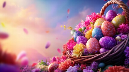 Easter eggs are displayed inside a basket surrounded by colorful flowers with a pastel sky backdrop, creating a festive scene.