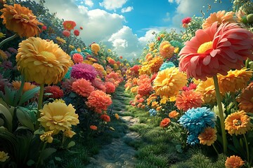 A whimsical garden with oversized flowers and magical creatures