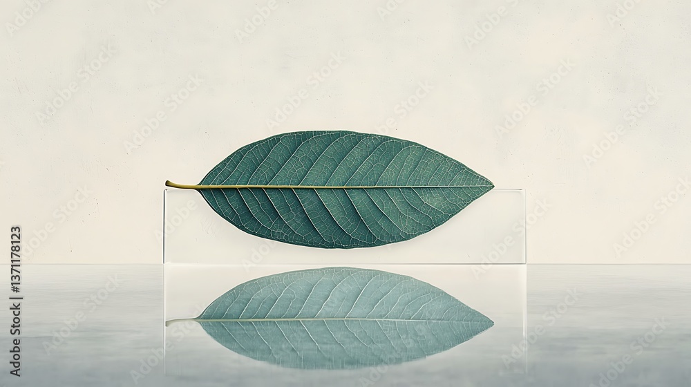 Poster a teal leaf rests on a clear acrylic block, reflecting on a smooth surface