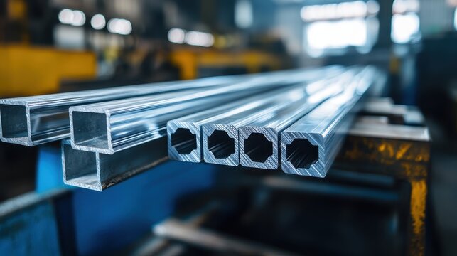 Shiny, square metal tubes with hollow centers sit on machinery. Use this for illustrating industrial production or material science concepts.