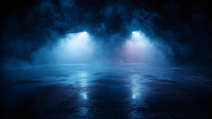Obraz premium Dark street, wet asphalt, reflections of rays in the water. Abstract dark blue background, smoke, smog. Empty dark scene, neon light, spotlights. Concrete floor