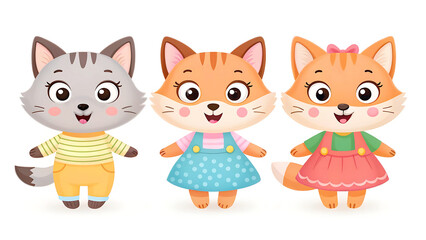 Cute Cartoon Animal Characters in Dresses for Children's Design.animal, cat, cartoon, vector, dog, illustration, animals, baby, cute, funny, pig, head, pet, bear, fun, set, character, icon, kitten.