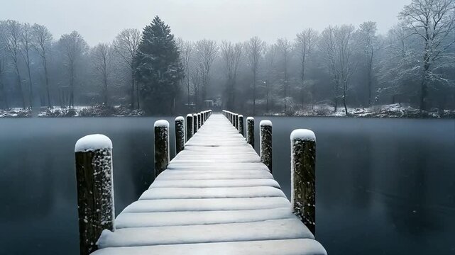 Serene winter landscape a snow-covered pier stretching into a misty lake surrounded by bare trees