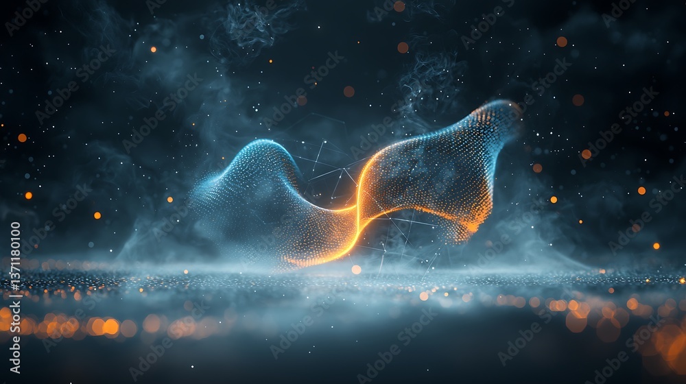 Poster abstract digital art display of two intertwined, glowing, networked forms