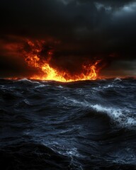Fototapeta premium Fiery Inferno over Stormy Ocean: Dramatic Sea and Burning Sky, Apocalypse Concept