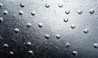 A high-contrast close-up reveals a textured metal surface adorned with evenly spaced rivets.